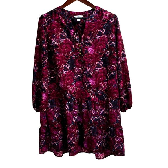 Time And Tru Women's Floral Dress L (12-14) Burgundy/Multi Polyester - Picture 1 of 5